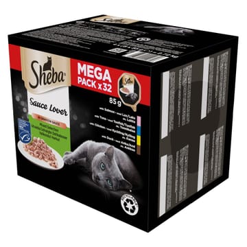 SHEBA Sauce Lover Duck, Chicken, Salmon, Tuna – šlapias kačių maistas – 32 x 85 g