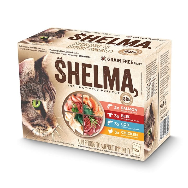 SHELMA with salmon, cod, chicken and beef in sauce - šlapias kačių maistas - 12x85g
