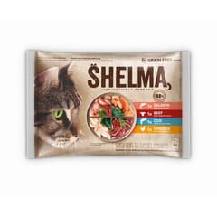 SHELMA Rich in salmon, cod, beef and chicken - šlapias kačių maistas - 4x85g 1
