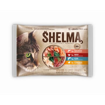 SHELMA Rich in salmon, cod, beef and chicken - šlapias kačių maistas - 4x85g