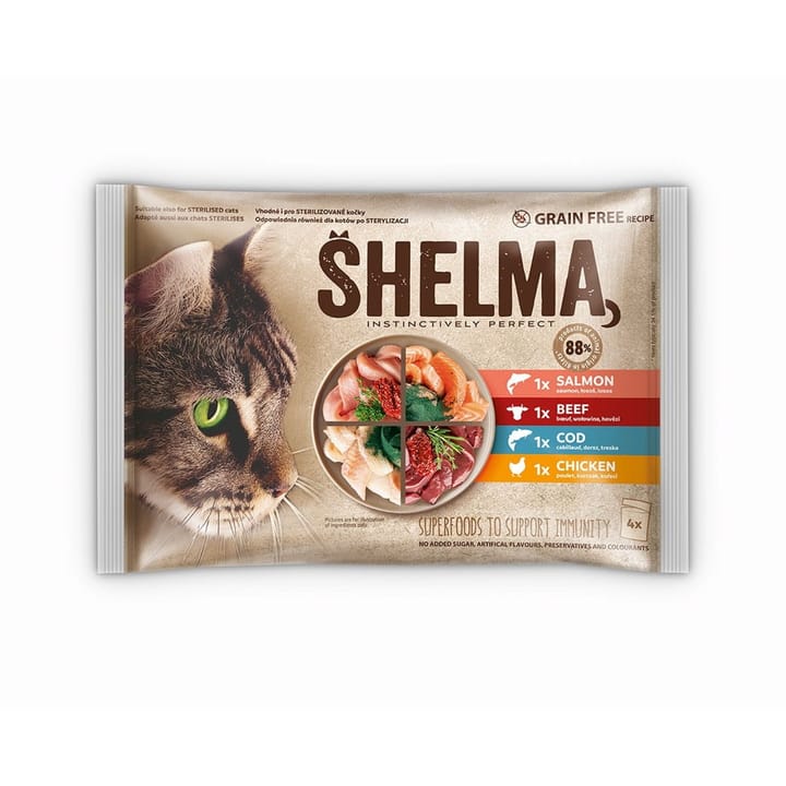 SHELMA Rich in salmon, cod, beef and chicken - šlapias kačių maistas - 4x85g