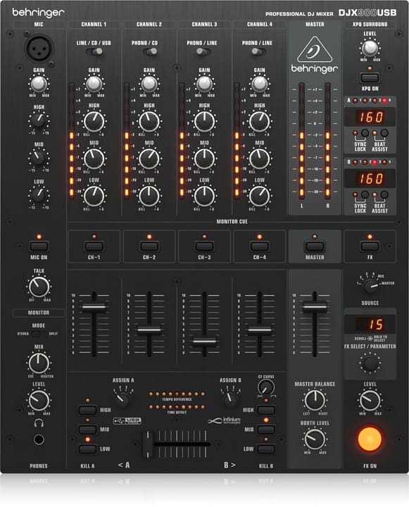 Behringer DJX900USB - Profesionalus 5 kanalų DJ mikšerinis pultas su „INFINIUM“ „beprisilietimo“ VCA kryžminiu perjungikliu, pažangiais skaitmeniniais efektais ir USB/garso sąsaja