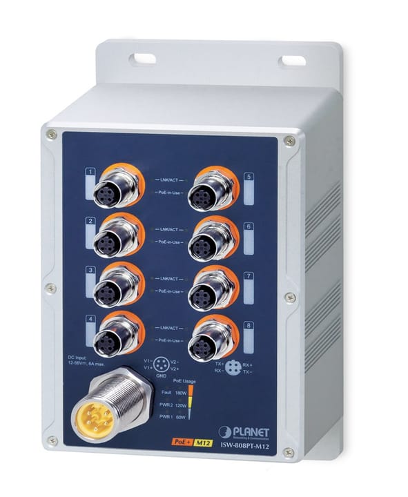 PLANET IP67-rated Industrial 8-Port Ne-valdomas Maitinimas per Eternetą (PoE) Mėlyna, Pilka