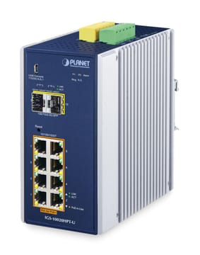 PLANET DIN-Rail L2+/L3 Manageable Valdomas L2+ Gigabit Ethernet (10/100/1000) Maitinimas per Eternetą (PoE) Aliuminis, Mėlyna