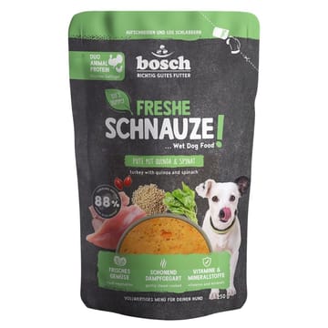 BOSCH Freshe Schnauze su kalakutiena, bolivinėmis balandomis ir špinatais – drėgnas pašaras šunims – 250g