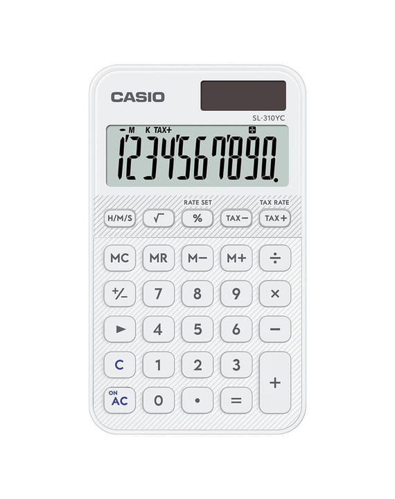 Skaičiuotuvas Casio SL-310YC-WE su baterijomis ir saulės energija, baltas