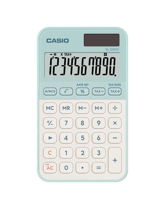 Casio SL-310YC-LG skaičiuotuvas, maitinamas baterijomis ir saulės energija, šviesiai žalias