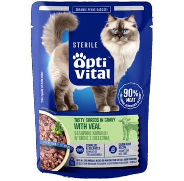 OPTIVITAL Sterile Tasty shreds in gravy with veal - šlapias kačių maistas - 85g