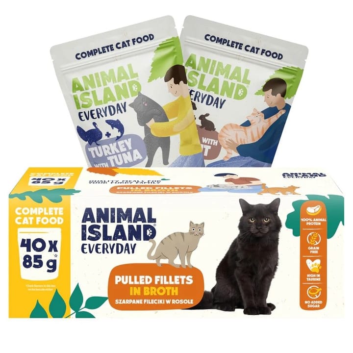 ANIMAL ISLAND Everyday Fillets in broth Turkey with tuna and Veal with rabbit Box- šlapias kačių maistas - 40x85g