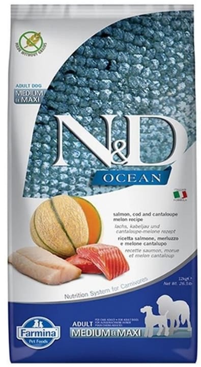 FARMINA N&D Ocean Dog Salmon, Cod, Cantaloupe, Melon Adult Medium&Maxi - sausas maistas šunims - 12 kg