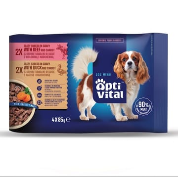 OPTIVITAL Tasty shreds with beef and duck in gravy - drėgnas ėdalas šunims - 4x85g