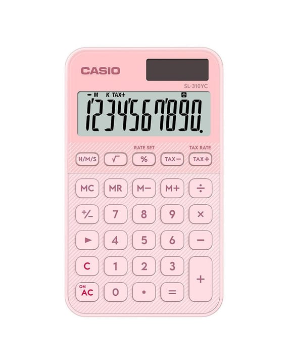 Casio SL-310YC-LP skaičiuotuvas, maitinamas baterijomis ir saulės energija, šviesiai rožinis