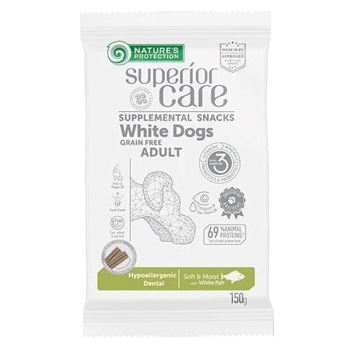 NATURE'S PROTECTION SC White Dogs Be grūdų suaugusiems Hipoalerginis dantų baltažuvis - skanėstas šunims - 150 g