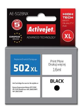 Activejet AE-502BNX rašalas (pakaitinis Epson 502XL W14010; Supreme; 16 ml; juodas)