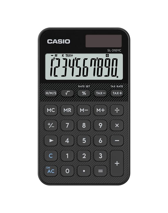 Skaičiuotuvas Casio SL-310YC-BK su baterijomis ir saulės energija, juodos spalvos