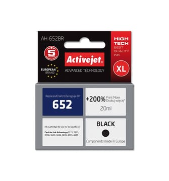 Activejet " AH-652BR" rašalas (pakaitinis HP 652 F6V25AE; "Premium"; 20 ml; juodas)