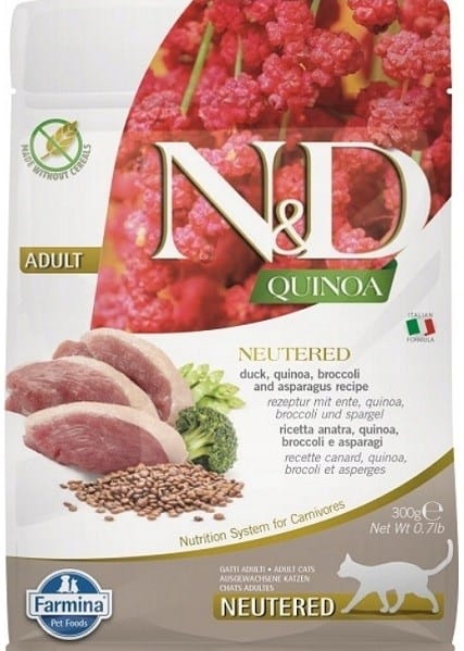 FARMINA N&D Quinoa Cat Duck, Broccoli, Asparagus Neutered Adult - sausas kačių maistas - 300 g