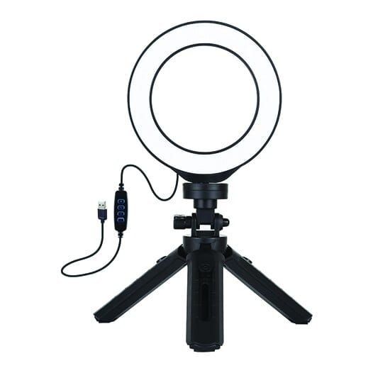 LED žiedinė lempa 12cm, su trikoju stovu iki 14.5cm, USB