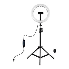 LED žiedinė lempa 26cm, su trikoju stovu iki 1.1m ir telefono laikikliu, USB