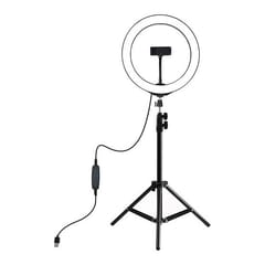 LED žiedinė lempa 26cm, su trikoju stovu iki 1.1m ir telefono laikikliu, USB