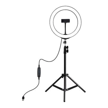 LED žiedinė lempa 26cm, su trikoju stovu iki 1.1m ir telefono laikikliu, USB
