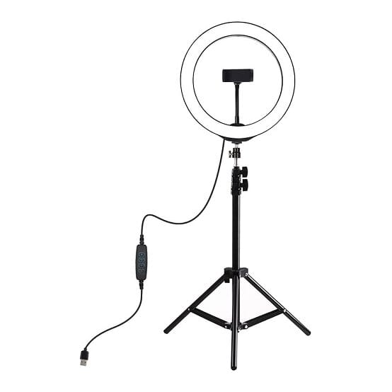 LED žiedinė lempa 26cm, su trikoju stovu iki 1.1m ir telefono laikikliu, USB