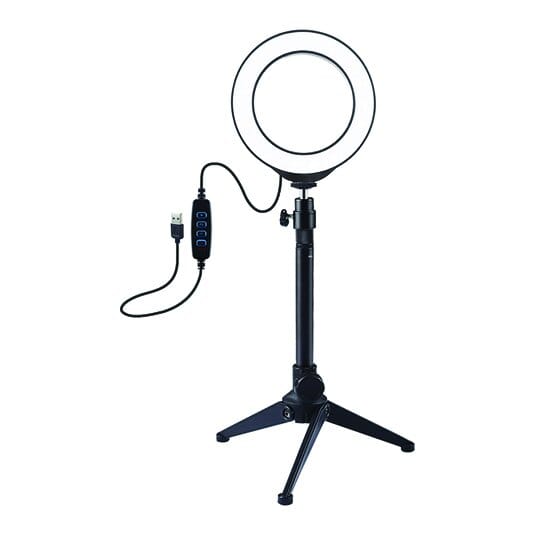 LED žiedinė lempa 12cm, su trikoju staliniu stovu iki 24.5cm, USB