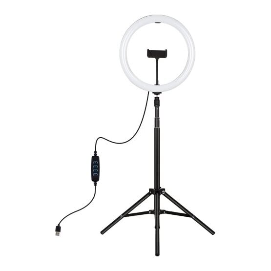 LED žiedinė lempa 30cm su trikoju stovu iki 1.65m ir telefono laikikliu, USB