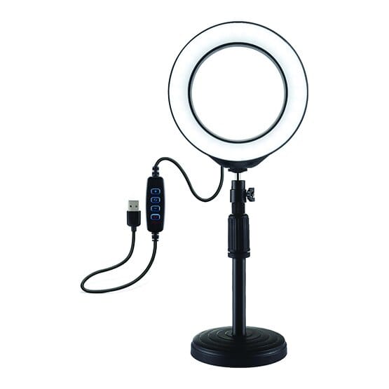 LED žiedinė lempa 16cm, su stovu 18-28cm, USB