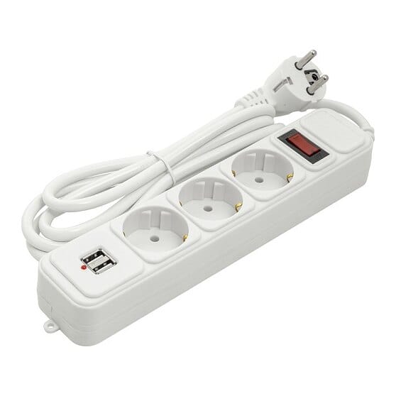 Buitinis ilgiklis 1.8m, 3 lizdai + 2 USB, su jungikliu