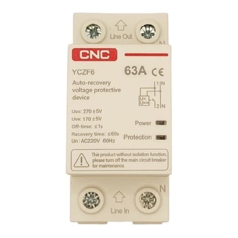 Įtampos apsaugos relė, 1P+N, 63 A, 230 V, su atsistatymo funkcija