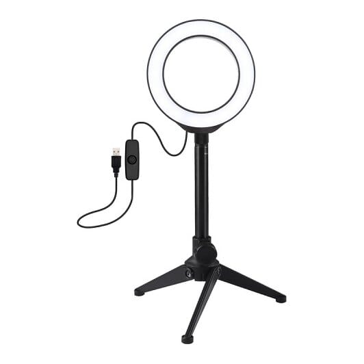 LED žiedinė lempa 12cm, su trikoju staliniu stovu iki 21.8cm, USB