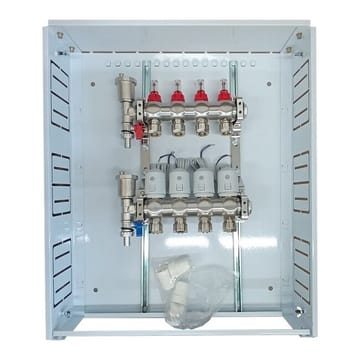 Grindinio šildymo kolektorius 4 kontūrų su terminėmis pavaromis NC AC230 V ir debitomačiais