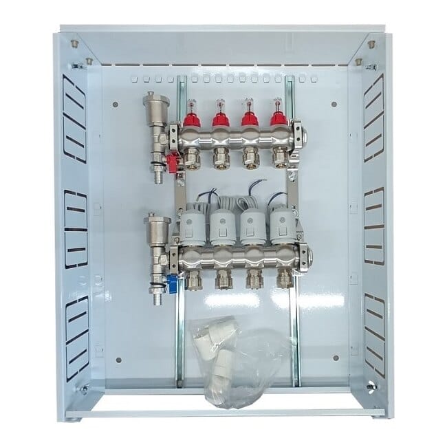 Grindinio šildymo kolektorius 4 kontūrų su terminėmis pavaromis NC AC230 V ir debitomačiais