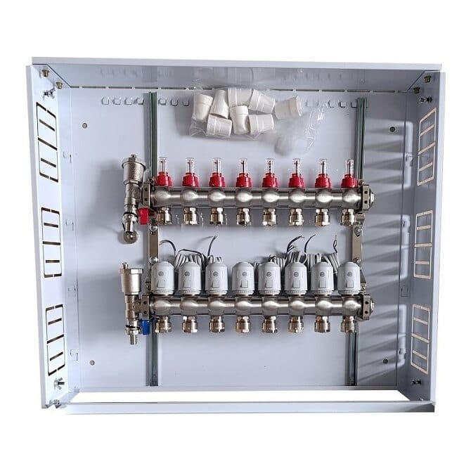 Grindinio šildymo kolektorius 8 kontūrų su terminėmis pavaromis NC AC230 V ir debitomačiais
