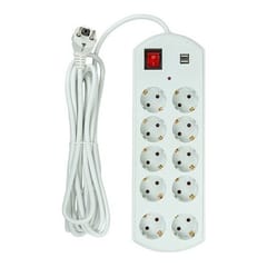 Buitinis ilgiklis 5m, 10 lizdų, 2x USB, su jungikliu