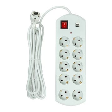Buitinis ilgiklis 5m, 10 lizdų, 2x USB, su jungikliu