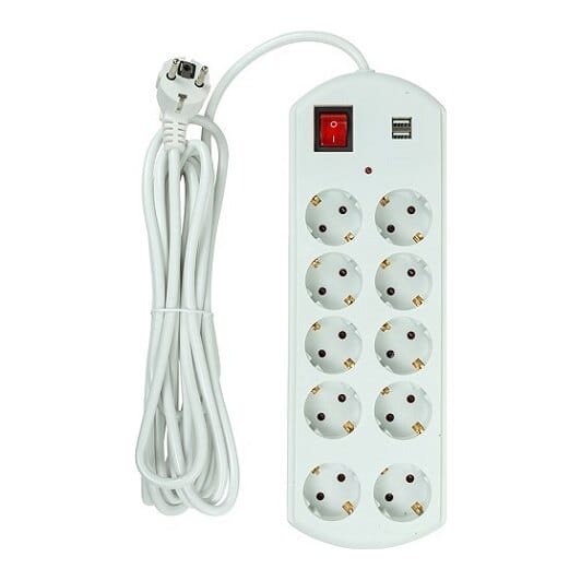 Buitinis ilgiklis 5m, 10 lizdų, 2x USB, su jungikliu