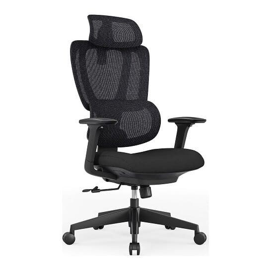 Reguliuojama ergonominė biuro kėdė su galvos ir juosmens atramomis, juoda