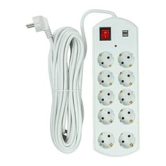 Buitinis ilgiklis 10m, 10 lizdų, 2x USB, su jungikliu