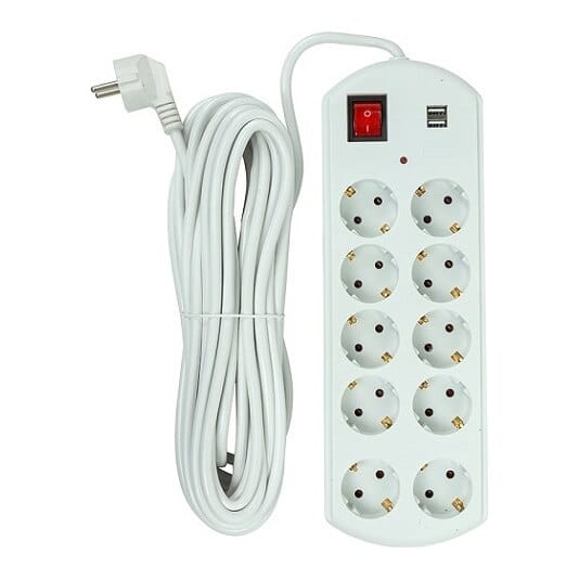 Buitinis ilgiklis 10m, 10 lizdų, 2x USB, su jungikliu
