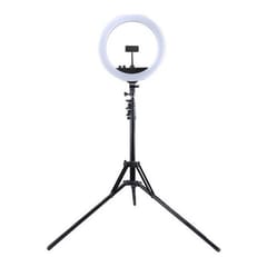 LED žiedinė lempa 34.5cm, su trikoju stovu iki 1.85m, veidrodžiu ir telefono laikikliu, USB