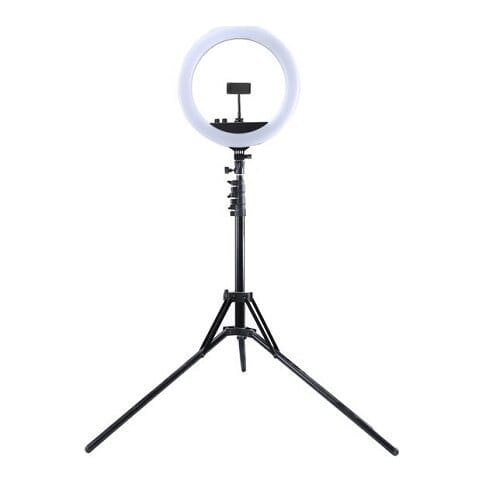 LED žiedinė lempa 34.5cm, su trikoju stovu iki 1.85m, veidrodžiu ir telefono laikikliu, USB