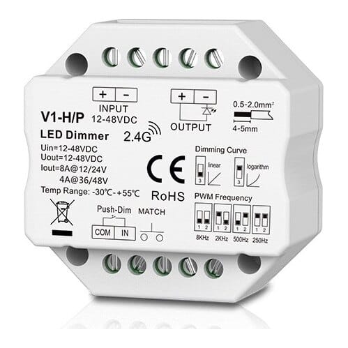 V1-H/P nuolatinės įtampos valdiklis, 12–48 V, 1x 8 A, Push-Dimm