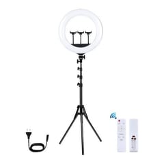 LED žiedinė lempa 46cm, su trikoju stovu iki 1.8m ir 3 telefono laikikliais, USB