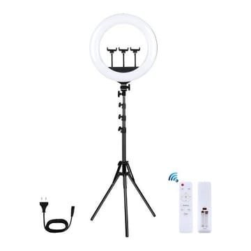 LED žiedinė lempa 46cm, su trikoju stovu iki 1.8m ir 3 telefono laikikliais, USB