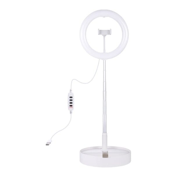 LED žiedinė lempa 26cm, su stovu iki 138cm, su telefono laikikliu, USB
