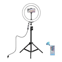LED žiedinė lempa 26cm, su trikoju stovu iki 1.1m ir telefono laikikliu, USB