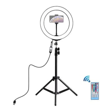 LED žiedinė lempa 26cm, su trikoju stovu iki 1.1m ir telefono laikikliu, USB
