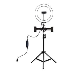 LED žiedinė lempa 26cm, su trikoju stovu iki 1.1m ir 3 telefono laikikliais, USB